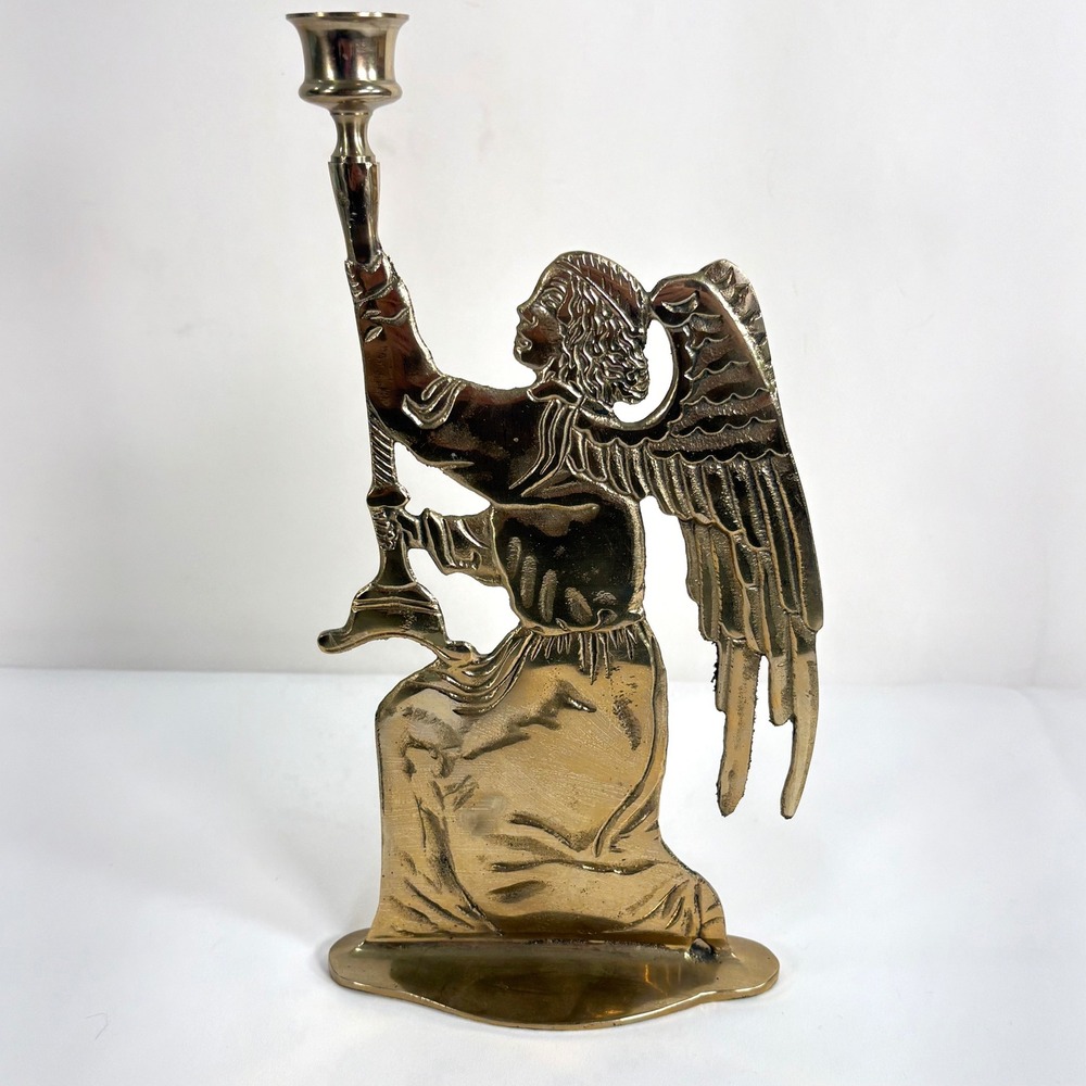 Vintage Brass Kneeling Angel Taper Candle Holder Gold Winged Figurine 12 Inch